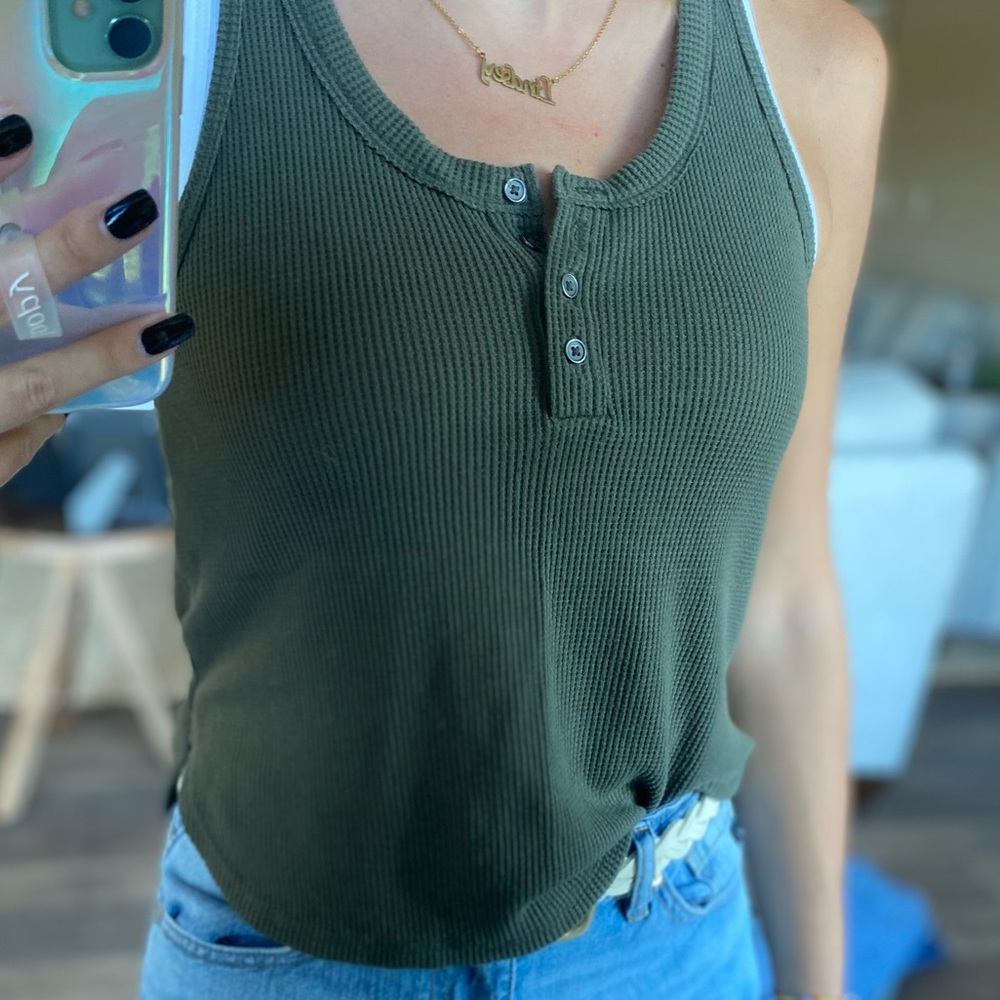 Army green rubbed tank top with metal buttons